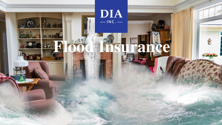 flood insurance with picture of water rushing into a house
